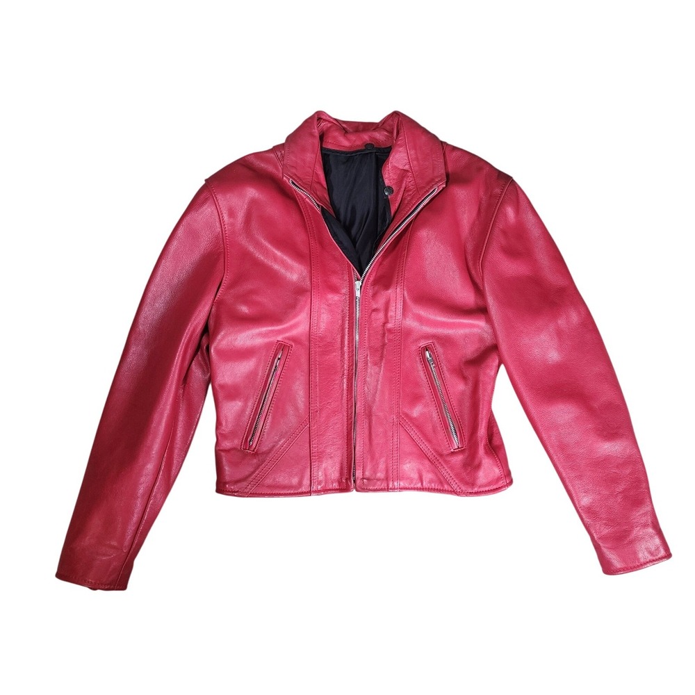 Vintage Red Leather Moto Biker Jacket Womens Zip Up Cafe Racer Red Jacket